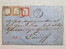 SARDEGNA IV EMISSIONE C. 10 COPPIA + C. 40 SU LETTERA DA GENOVA PER CARDIFF. RS4