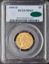 1909-D $5 oro testa di indiano