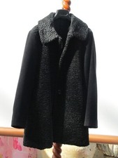 Cappotto donna lana tessuto nero con  pelo di colore grigio scuro Vintage