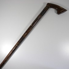 BASTONE DA PASSEGGIO ANTICO IN LEGNO INTARSIATO MADREPARLA INTAGLIATO VINTAGE
