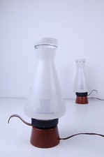 Coppia abatjour da tavolo comodino anni 60 legno e vetro opalino bianche