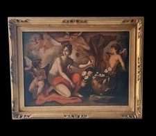 Antico Dipinto Olio Su Tela Mitologico '800 - Trionfo della Dea Flora - 88x68 Cm
