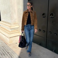 Giacca donna pelle scamosciata marrone cropped stile western cappotto corto con bottoni