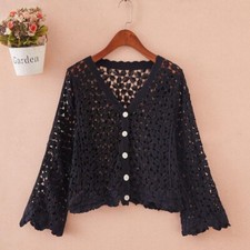 Donna Traforato Pizzo Cardigan Cappotto Giacca Retrò Casual Puro Spalle Bolero