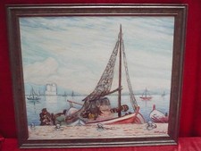 Bellissimo Dipinto Di Porto Con Peschereccio Firmato!