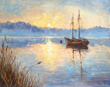 Dipinto olio originale "Morning Serenity" - barca a vela all'alba, paesaggio marino 40x50 cm