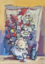 Giovanni Carena  ( Pinerolo TO 1915 - 1990 ) Vaso fiori e caffettiera 1964. Olio