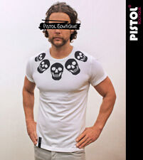 Pistol Boutique Uomo Aderente Bianco Girocollo Catena Torace Teschi Moda T-Shirt