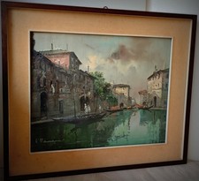DIPINTO OLIO TELA A. Marangoni PAESAGGIO VEDUTA LAGUNA VENEZIA GONDOLE CANALE