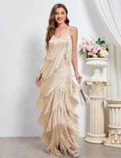 Vestito Lungo Elegante Oro Beige Con Frange Morbide E Scollo Strass CF28099