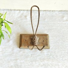 19c Vintage Primitivo Uomo Viso di Ferro Parete Gancio Appendiabiti Legno Base