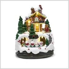 VILLAGGIO NATALE PAESAGGIO PAN DI ZENZERO 5 LUCI LED MOVIMENTO MUSICALE