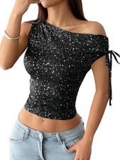 Top Monospalla con Paillettes Scintillanti per Donna, Top Asimmetrici Arric1002