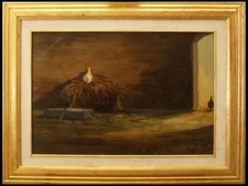 UGHI MARIO cm 37x53  INTERNO DI POLLAIO OLIO TAVOLETTA