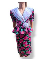 Tuta pasquale vintage Leslie Fay anni 80 Peplum giacca top collo chiffon rosa floreale taglia 4