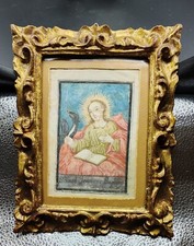 Antico Santino Dipinto epoca '600 con cornice in legno scolpito e dorato 