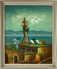 Dipinto Ad Olio Moschea Sul Mare Turchia E Egitto Gabiel Firmato 72,3 X 61,1 Cm