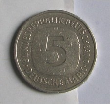 Moneta commemorativa DM 5 marchi tedeschi 1975 conio -F- con scritta a margine