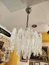 Lampadario anni 70' 1 luce centrale acciaio e pendenti in vetro di Murano. Misur