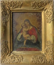 69g Miniatura di Madonna con Bambino dipinta ad olio su lamina metallica. '800