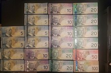 Lotto banconote canadesi da 5, 10, 20, 50 e 100 dollari. Totale: $370