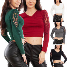 Top donna maglia crop costine maniche pizzo trasparente sexy TOOCOOL VB-80934
