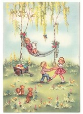 1957 bambini giochi prato fiorito scoiattoli uova cartolina vintage Buona Pasqua