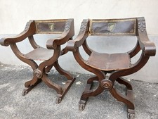 COPPIA SEDIE SAVONAROLA IN NOCE MASSELLO - SEDUTE E SCHIENALI IN CUOIO - 1920