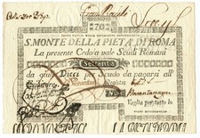 70 SCUDI CEDOLA SACRO MONTE DELLA PIETÀ DI ROMA 01/05/1797 qSPL
