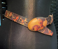 CINTURA vintage TOY STORY 2 in pelle marrone fibbia ronzante legnosa Messico Aldana 26-30"