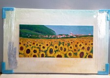 Quadro Girasoli in Campagna, dipinto a mano, inserti in Argento, 60 x 98. Ag 925
