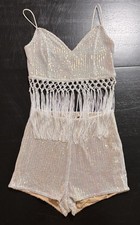 Set top e pantaloncini a vita alta in paillettes iridescenti bianco argento taglia S