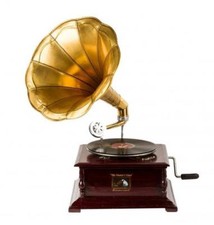 Grammofono con tromba HIS MASTER'S VOICE in legno e ottone FUNZIONANTE QUADRATO