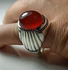 Anello Aqeeq Uomo Agata Rossa Naturale Argento Sterling 925 Marrone Rossastro