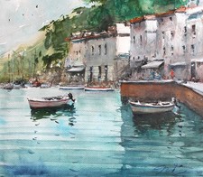QUADRO PAESAGGIO URBANO ACQUERELLO BARCA ORIGINALE PAESAGGIO MARINO COSTA AMALFITANA ITALIA 11x13 in