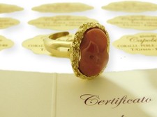 Anello Donna in pietra Corallo rosSo e Regolabile di Argento 925 PL con OrO 750