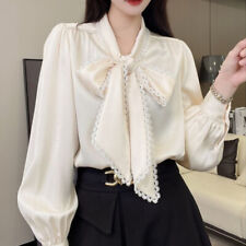 Donna Fiocco Camicetta Camicie Finta Seta Raso Top T-Shirt Pizzo Nastro Rétro