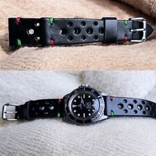 20mm Cinturino In Vera Pelle Traforato Racing Rally Nero Cuciture "ITALY"