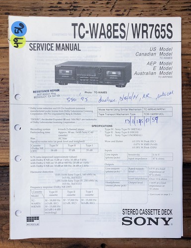 Sony wa8es wr765s - tc-wa8es, tc-wr765s