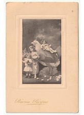 1914 antica cartolina Buona Pasqua bambini moda d'epoca uova gallina gigante