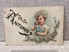 CARTOLINA ANTICA ILLUSTRATA Primo 900 - Bambina Con Bambola E Scritta Antonio