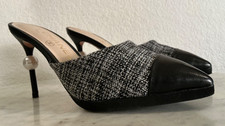 CHANEL Black Learher & Tweed, Pearl Detail Heel Shoes. Wm Sz 37 C. Made In Italy
