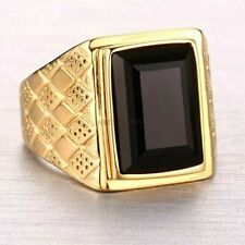 Naturale Onice Nera Gemma Con 14K Argento Placcato Oro Anello per Uomo #1218