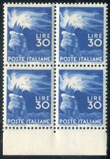 1946 Repubblica 30 lire azzurro Democratica nuovo SPL MNH ** quartina centrata