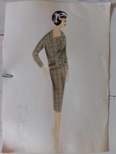 Figurino di moda anni 50-60 disengato e colorato a mano con cartamodello