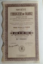 CERTIFICATO AZIONARIO della SOCIÉTÉ FINANCIÈRE de FRANCE - ORIGINALE