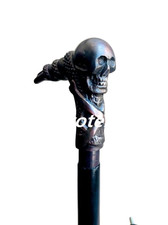 Bastone da passeggio in legno con manico testa di teschio in ottone stile ant...