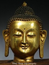 Scultura testa di Buddha Shakyamuni Amitabha Buddha 12,5" antica Cina bronzo dorato