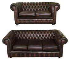 Divano Set Chesterfield 100% Vera Pelle Tre e Due Posti Marrone Antico