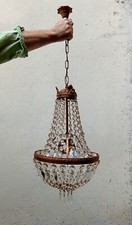 Lampadario a sospensione vintage in cristallo e bronzo o ottone stile Impero francese